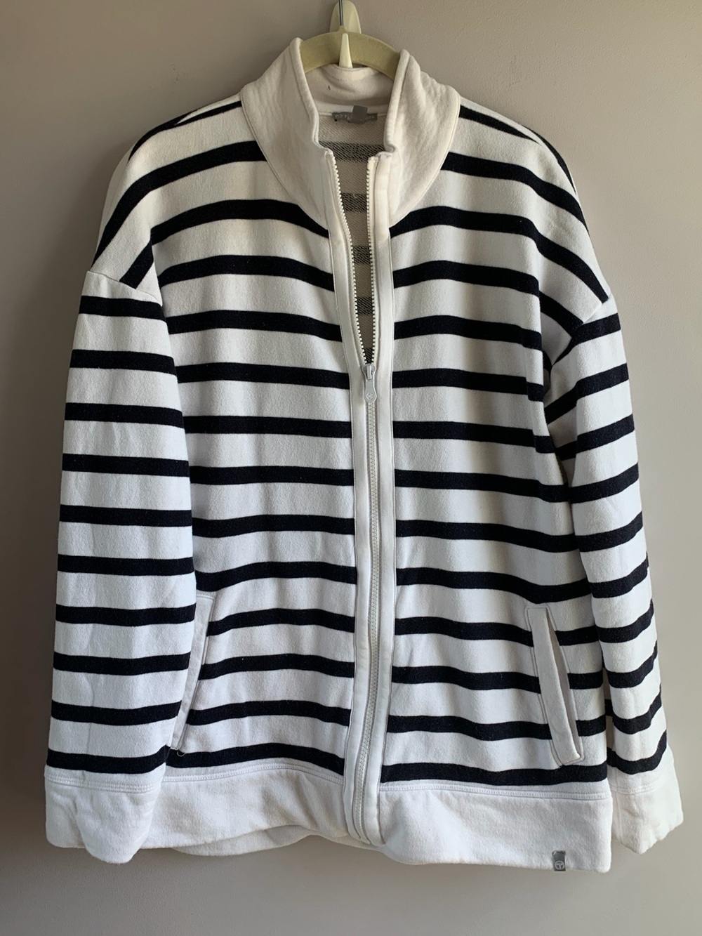 T by Talbots Zip Front Jacket White Navy Stripes Cotton Nautical Vacation EUC L